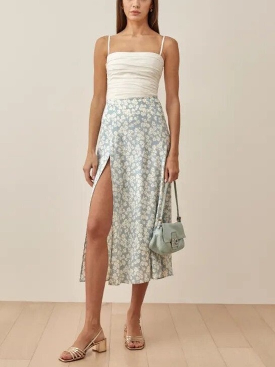 Reformation Dresses & Skirts - Reformation Zoe Light Blue Floral Midi Skirt with High Side Slit